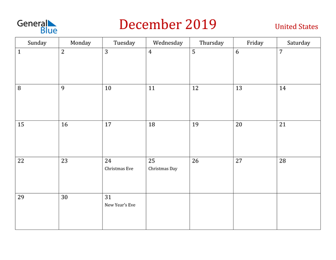 United States December 2019 Calendar With Holidays