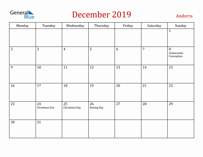 Andorra December 2019 Calendar - Monday Start