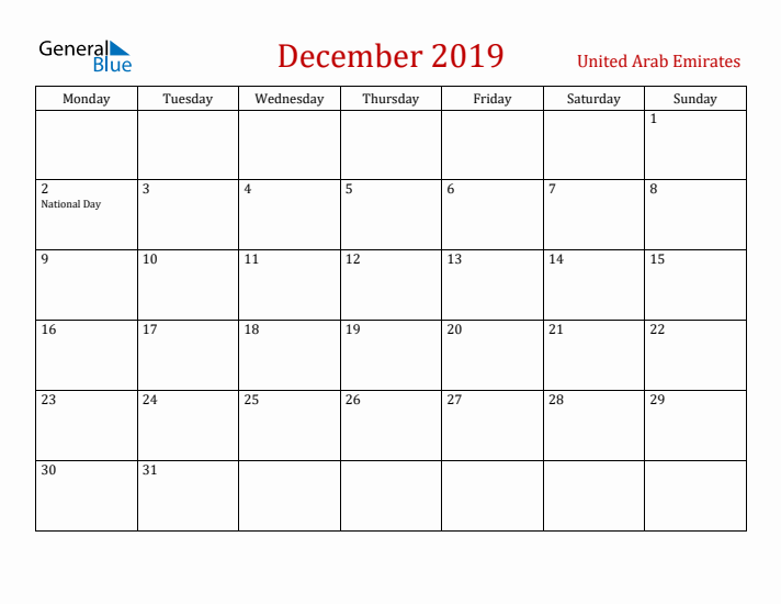 United Arab Emirates December 2019 Calendar - Monday Start