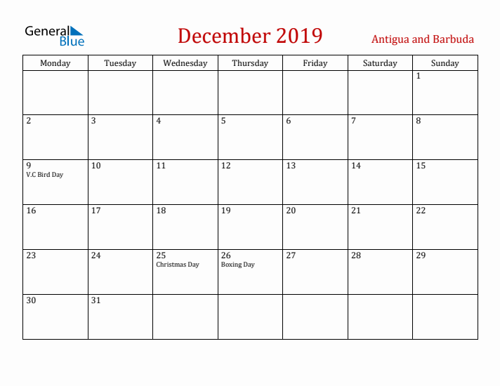 Antigua and Barbuda December 2019 Calendar - Monday Start