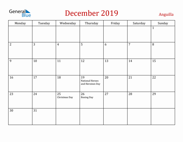 Anguilla December 2019 Calendar - Monday Start