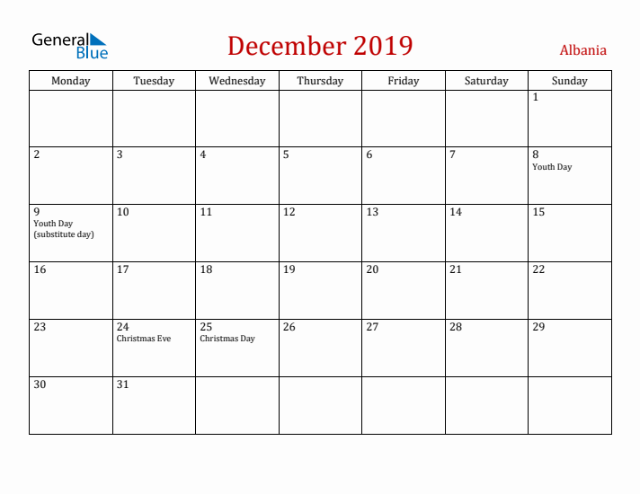 Albania December 2019 Calendar - Monday Start