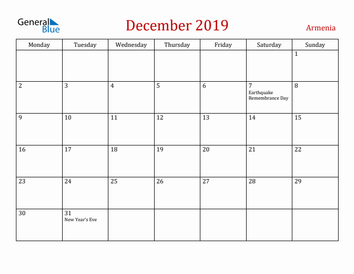 Armenia December 2019 Calendar - Monday Start