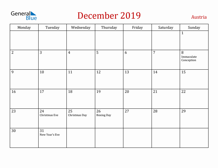 Austria December 2019 Calendar - Monday Start