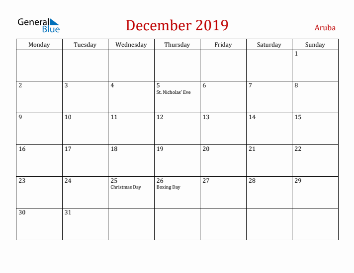 Aruba December 2019 Calendar - Monday Start