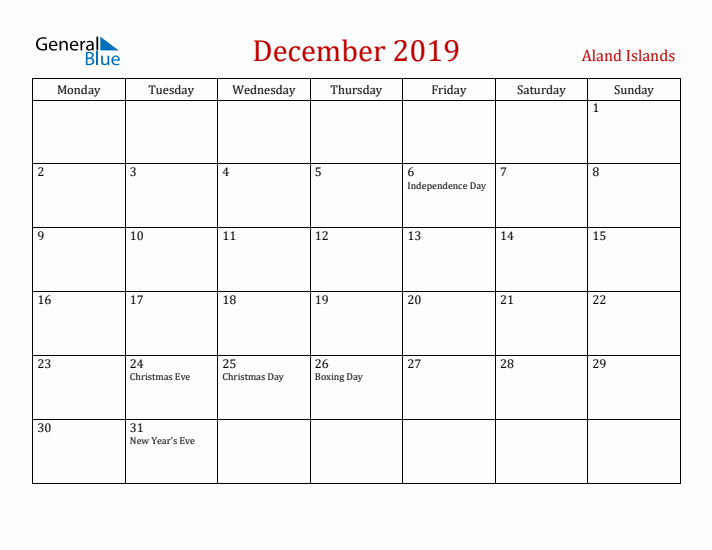 Aland Islands December 2019 Calendar - Monday Start