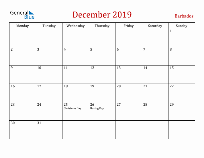 Barbados December 2019 Calendar - Monday Start
