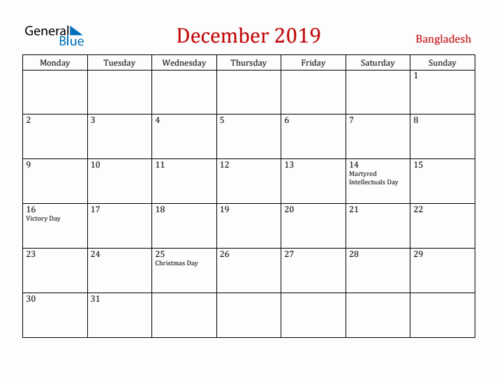Bangladesh December 2019 Calendar - Monday Start