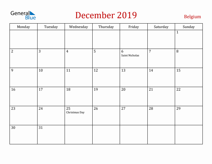 Belgium December 2019 Calendar - Monday Start