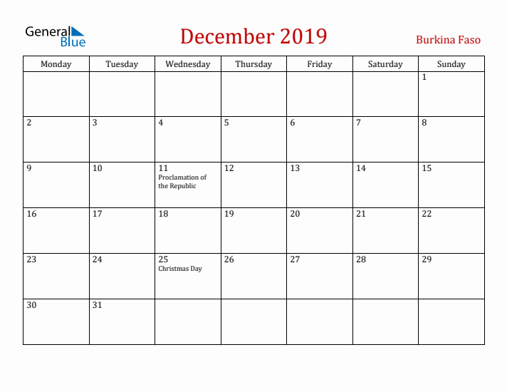 Burkina Faso December 2019 Calendar - Monday Start