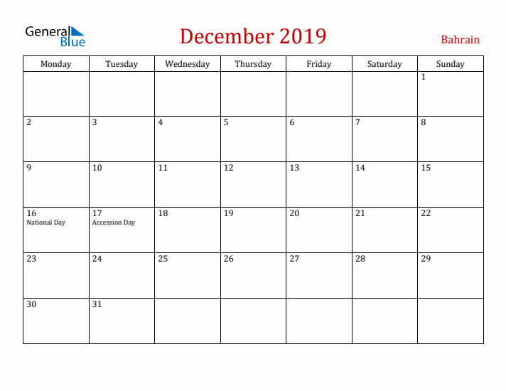 Bahrain December 2019 Calendar - Monday Start