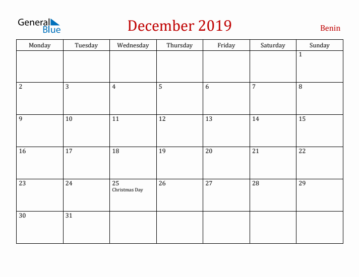 Benin December 2019 Calendar - Monday Start