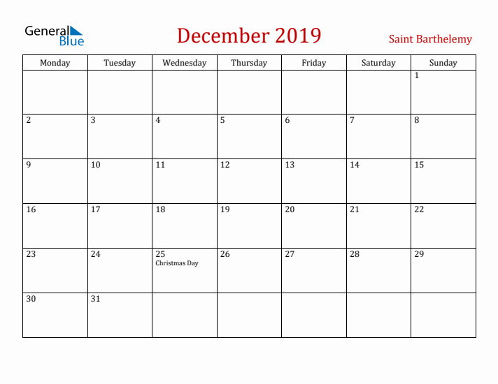 Saint Barthelemy December 2019 Calendar - Monday Start