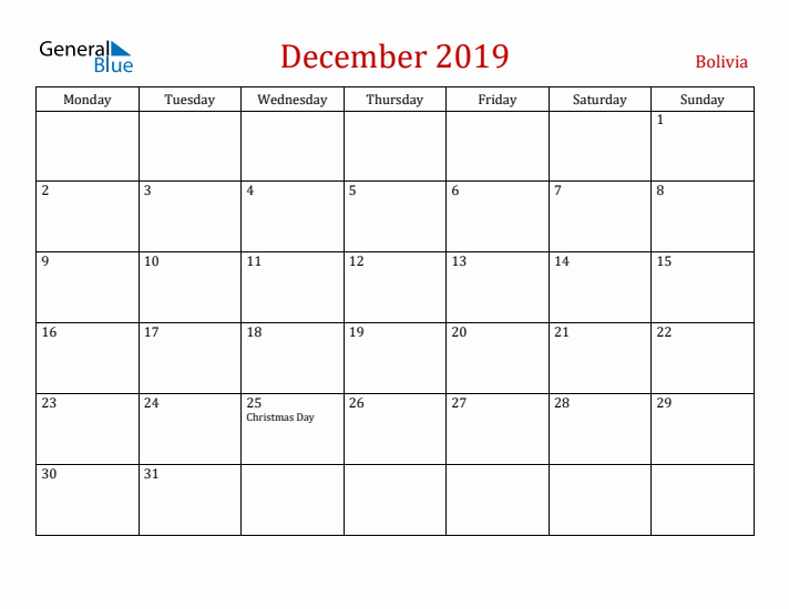 Bolivia December 2019 Calendar - Monday Start