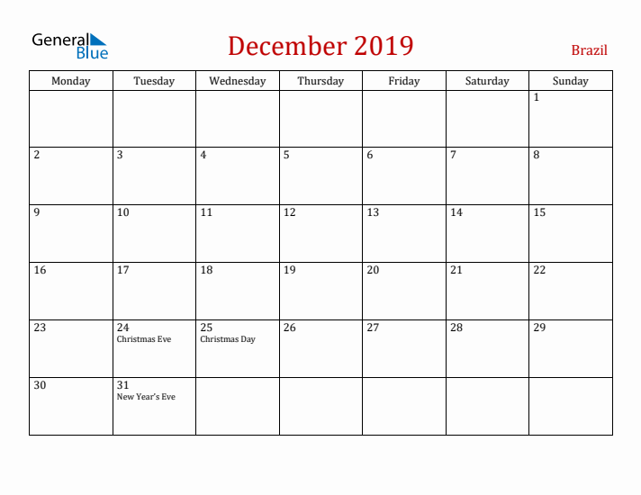 Brazil December 2019 Calendar - Monday Start