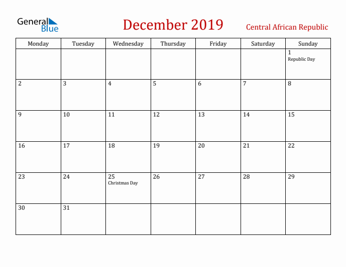 Central African Republic December 2019 Calendar - Monday Start