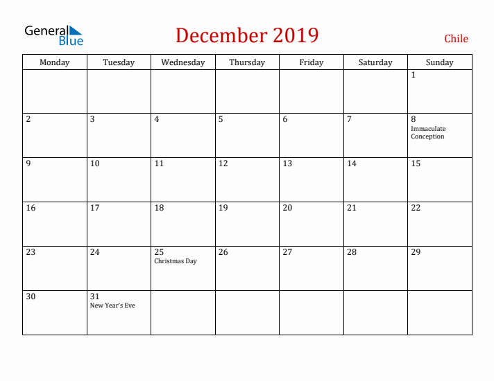 Chile December 2019 Calendar - Monday Start