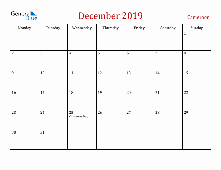 Cameroon December 2019 Calendar - Monday Start