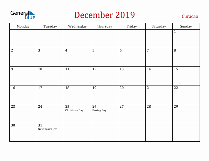 Curacao December 2019 Calendar - Monday Start