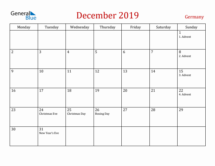 Germany December 2019 Calendar - Monday Start