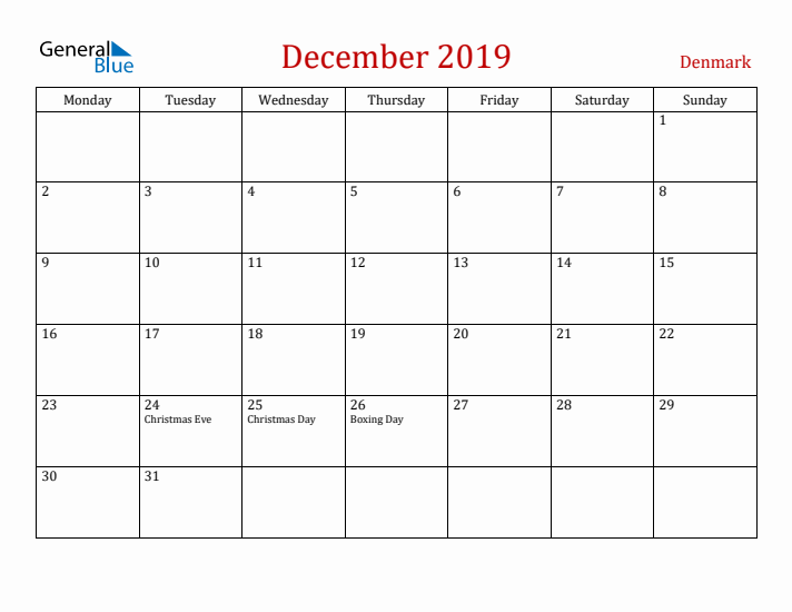 Denmark December 2019 Calendar - Monday Start