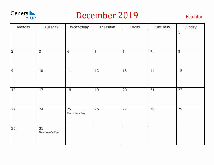 Ecuador December 2019 Calendar - Monday Start