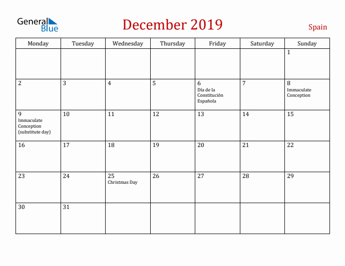 Spain December 2019 Calendar - Monday Start