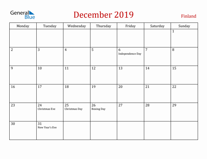 Finland December 2019 Calendar - Monday Start