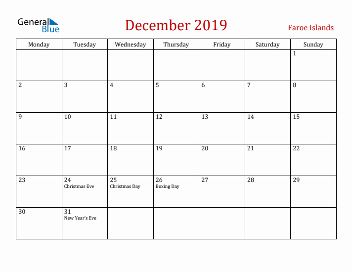 Faroe Islands December 2019 Calendar - Monday Start