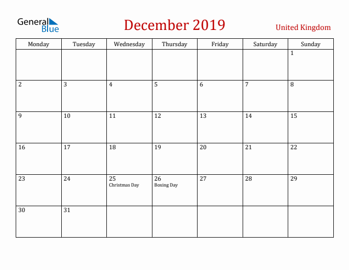 United Kingdom December 2019 Calendar - Monday Start