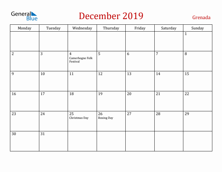 Grenada December 2019 Calendar - Monday Start