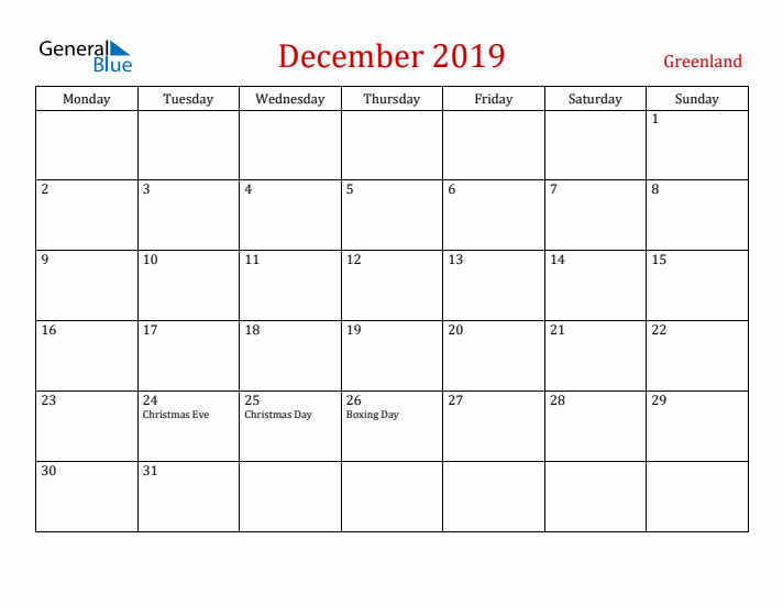 Greenland December 2019 Calendar - Monday Start