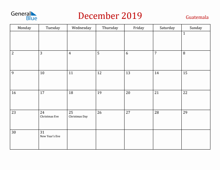 Guatemala December 2019 Calendar - Monday Start