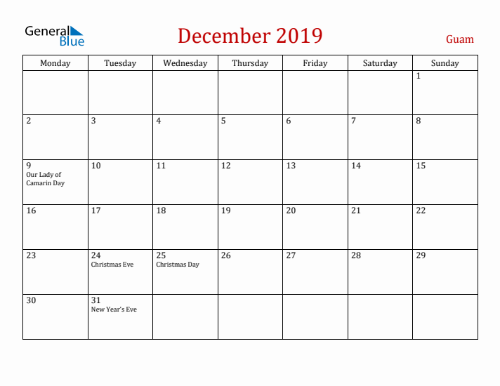 Guam December 2019 Calendar - Monday Start
