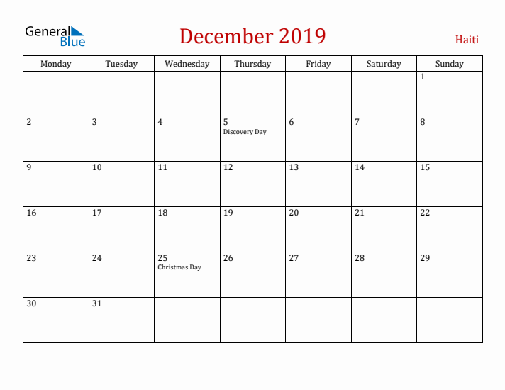Haiti December 2019 Calendar - Monday Start