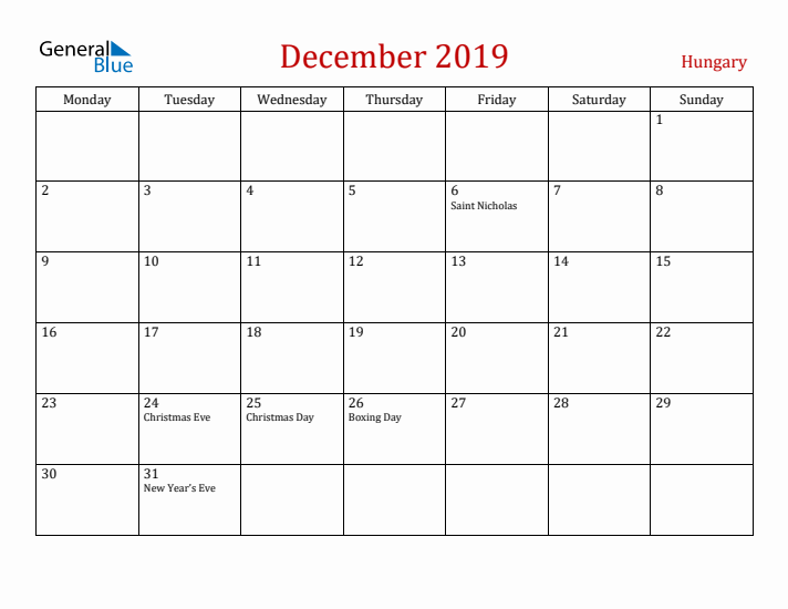 Hungary December 2019 Calendar - Monday Start
