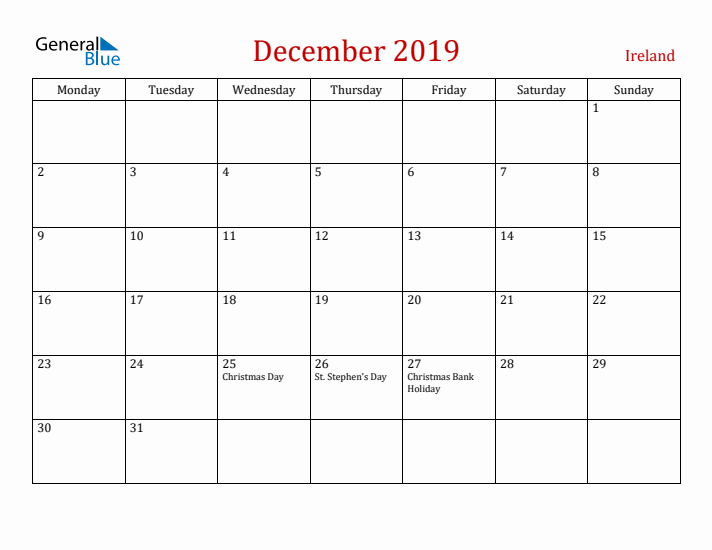 Ireland December 2019 Calendar - Monday Start