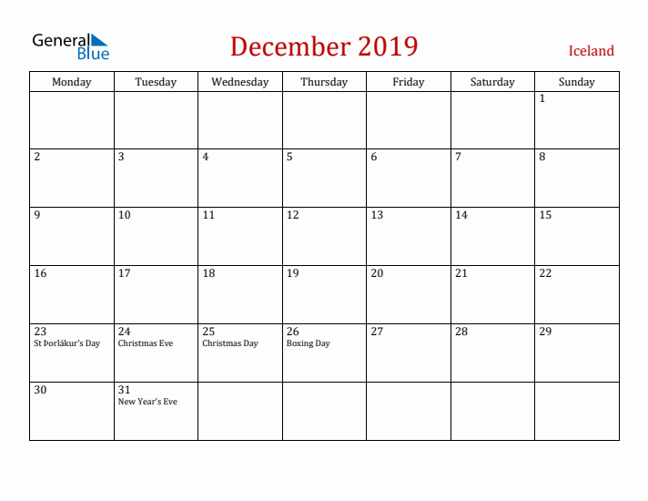 Iceland December 2019 Calendar - Monday Start