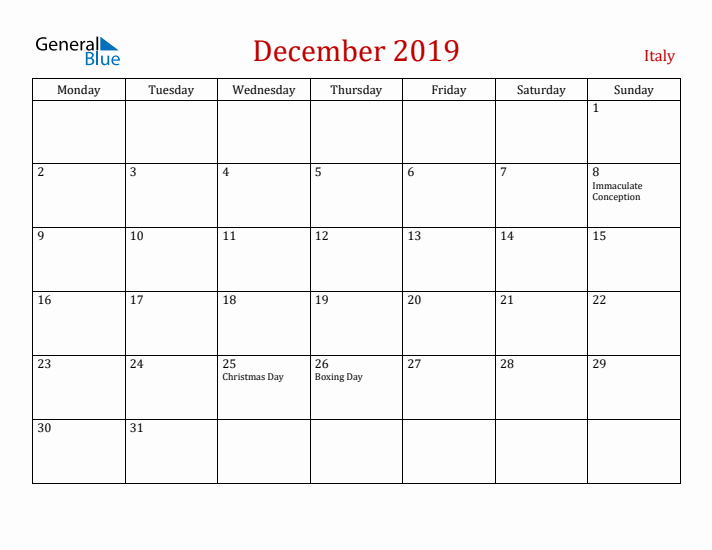 Italy December 2019 Calendar - Monday Start