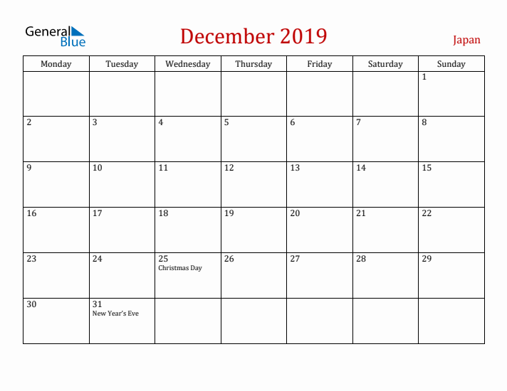 Japan December 2019 Calendar - Monday Start