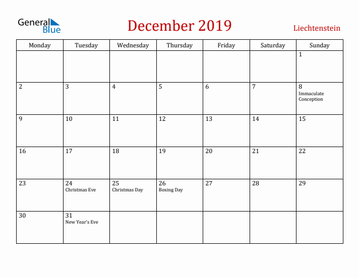 Liechtenstein December 2019 Calendar - Monday Start