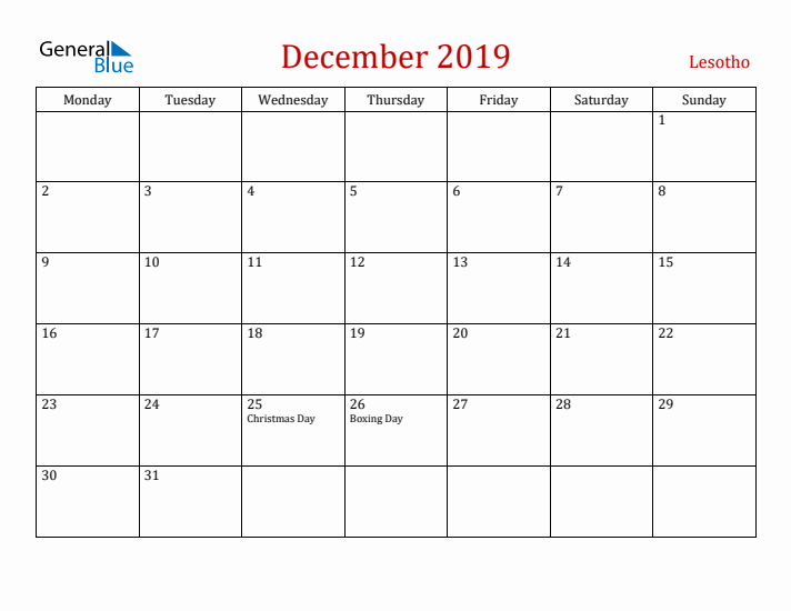 Lesotho December 2019 Calendar - Monday Start