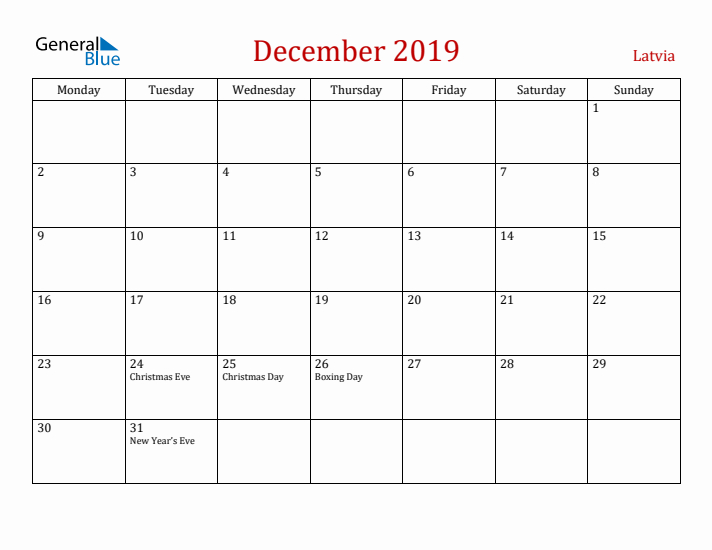 Latvia December 2019 Calendar - Monday Start