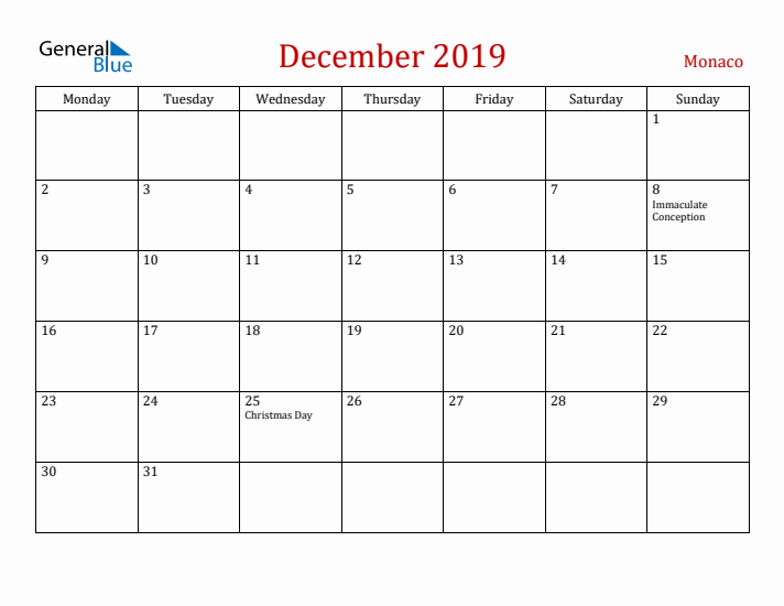 Monaco December 2019 Calendar - Monday Start