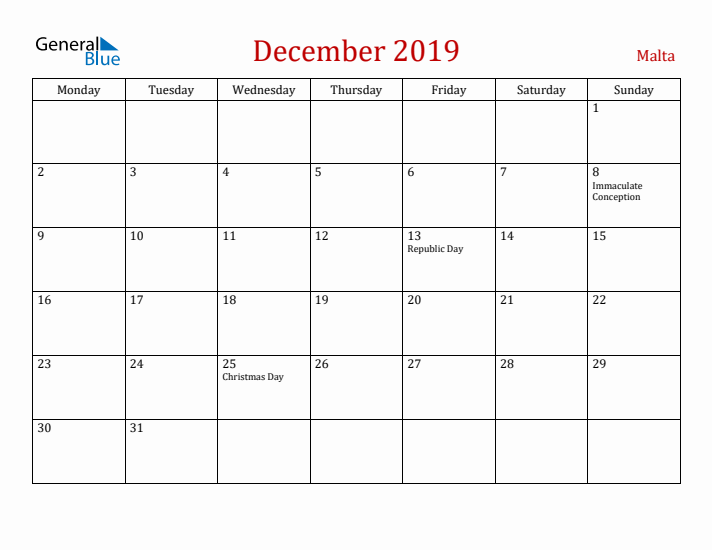 Malta December 2019 Calendar - Monday Start