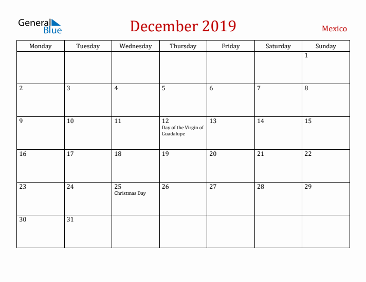 Mexico December 2019 Calendar - Monday Start