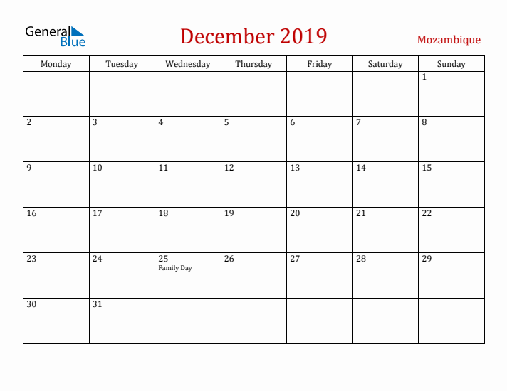 Mozambique December 2019 Calendar - Monday Start