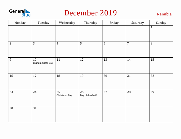 Namibia December 2019 Calendar - Monday Start