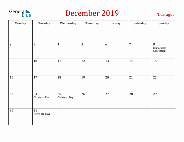 Nicaragua December 2019 Calendar - Monday Start
