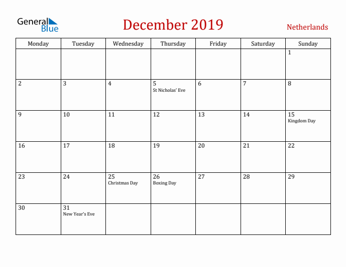The Netherlands December 2019 Calendar - Monday Start